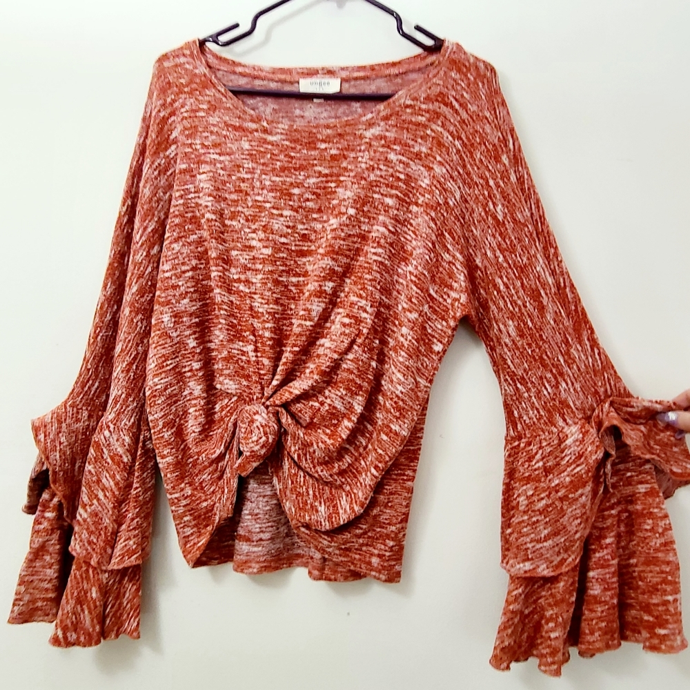Umgee Tie Front Ruffled Sleeve Sweater Tunic Top Size M